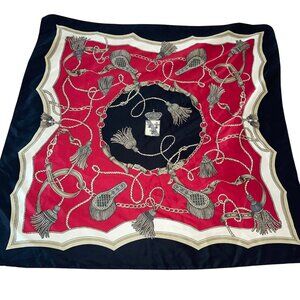 Vintage Womens Scarf Red Large Tassel And Epaulettes Print